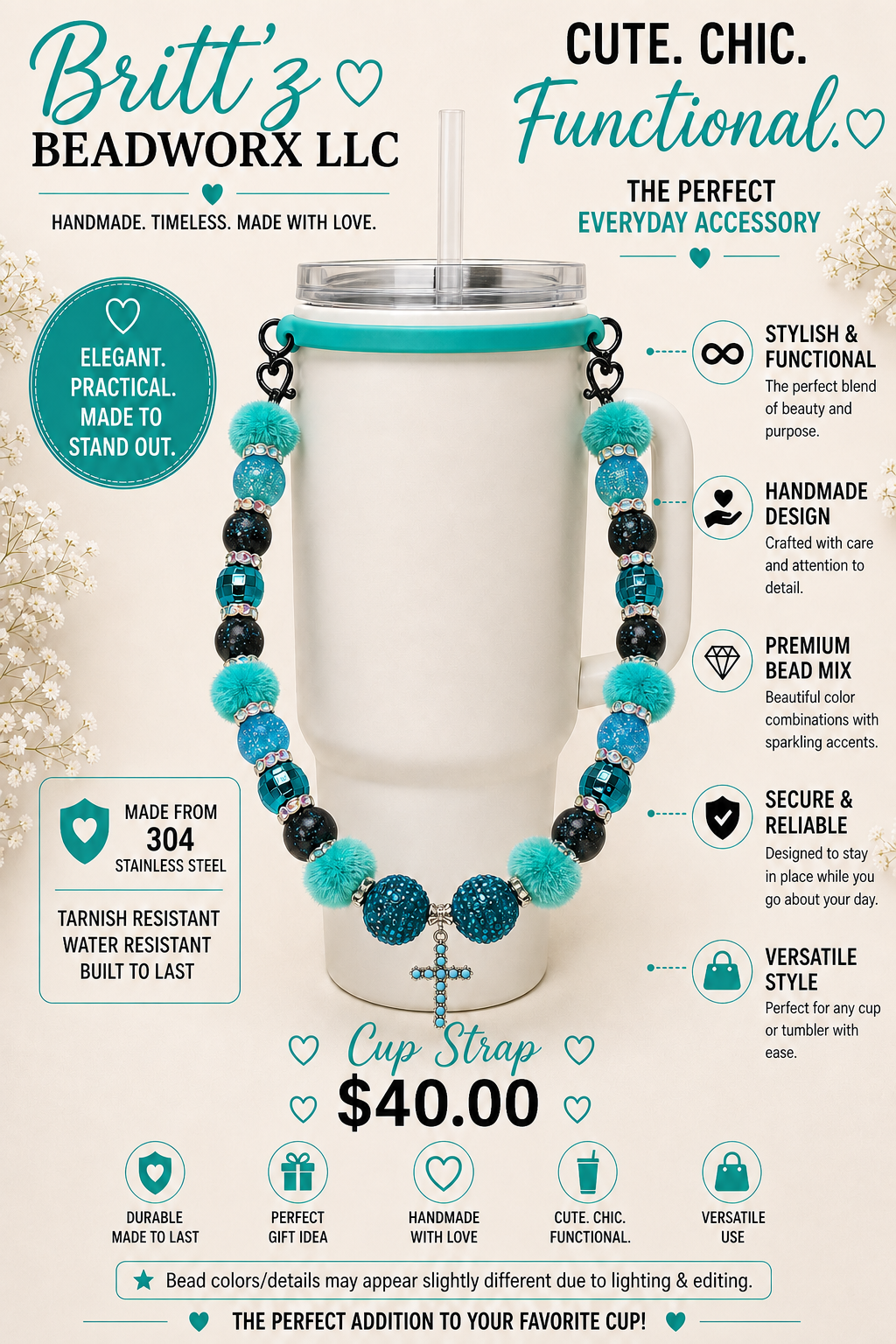 Beaded Cup Strap Holder – 304 Stainless Steel Wire | Tumbler Charm Strap | Reusable Cup Accessory