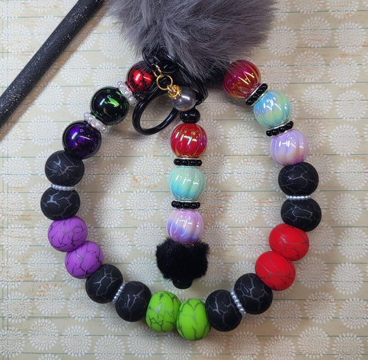 Colorful Beaded Wristlet Keychain with Pom Pom | Stainless Steel Wire Bracelet Keyring with Crackle & Iridescent Beads