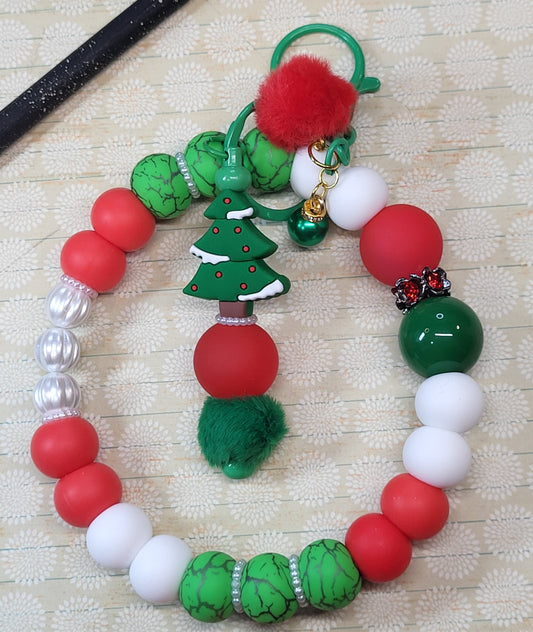 Christmas Wristlet Keychain Combo | 304 Stainless Steel Wire Beaded Bracelet with Holiday Charm Bar | Festive Beaded Wristlet Keychain Gift for Women