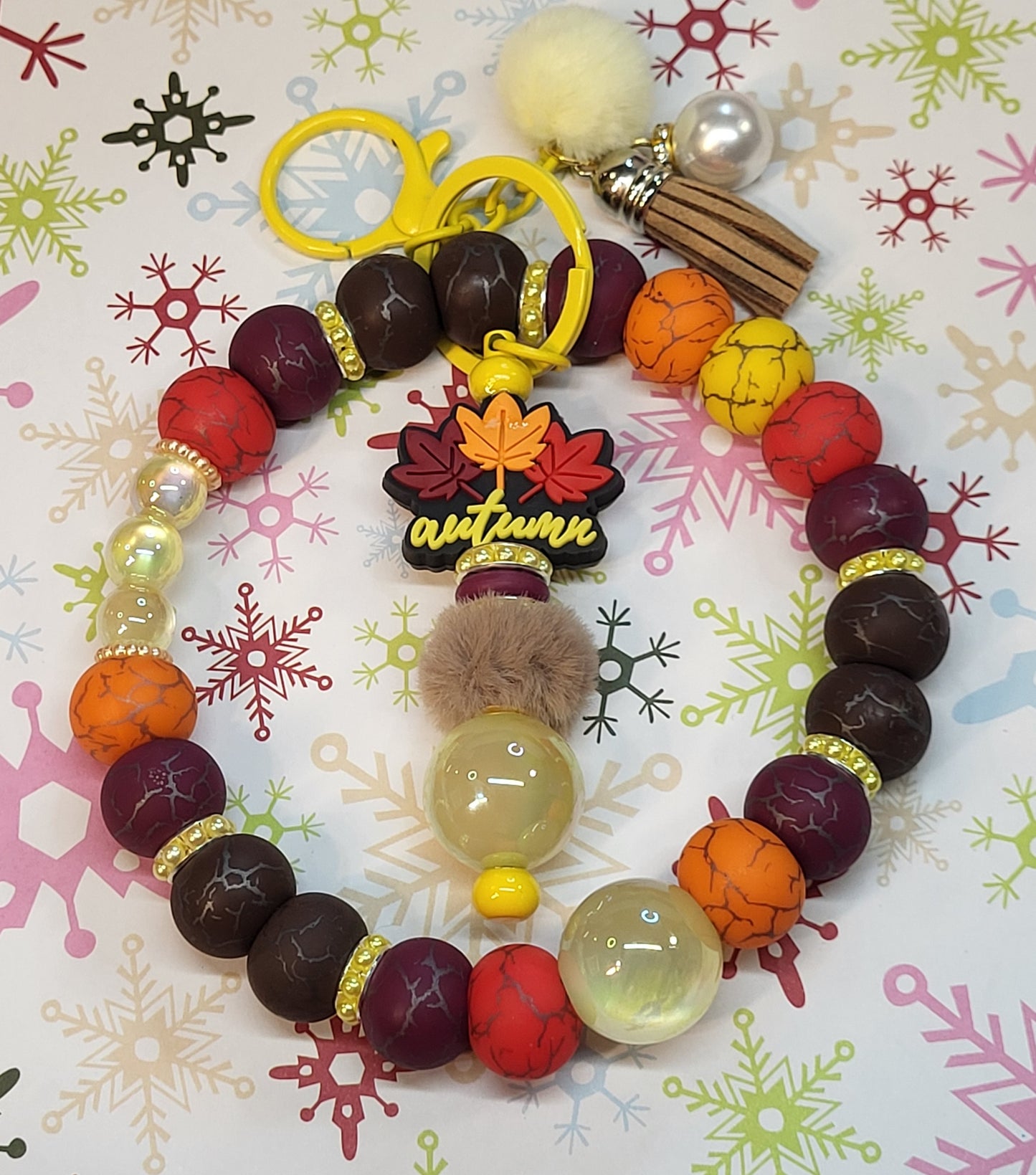 🍂Fall Themed 304 Stainless Steel Beaded Wristlet Combo with Beaded Bar Keychain | Autumn Wristlet Keychain Set | Handmade Durable Fall Accessory