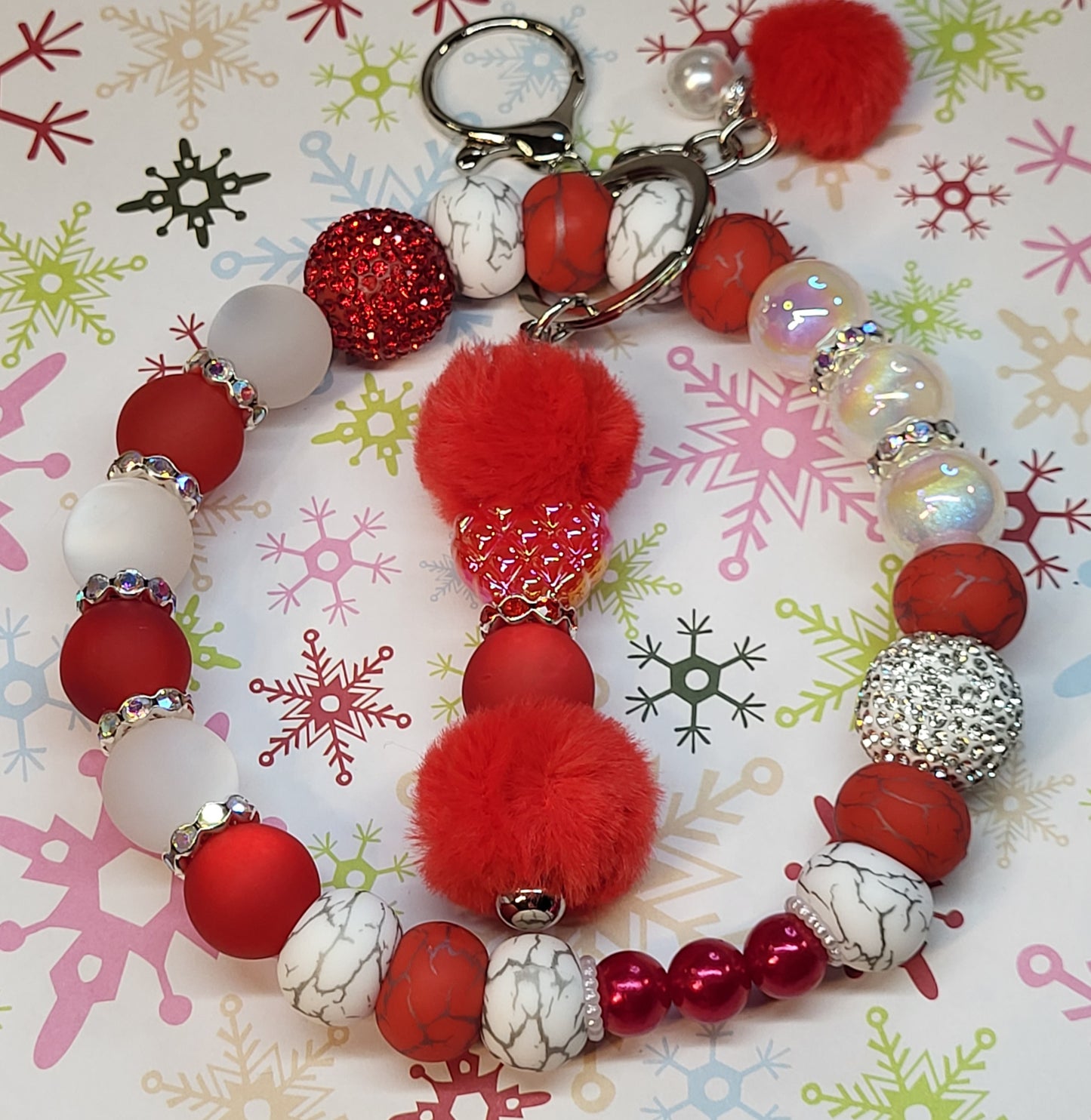 ❄️Winter Themed 304 Stainless Steel Beaded Wristlet Combo with Beaded Bar Keychain | Snowy Winter Wristlet Keychain Set | Handmade Durable Winter Accessory