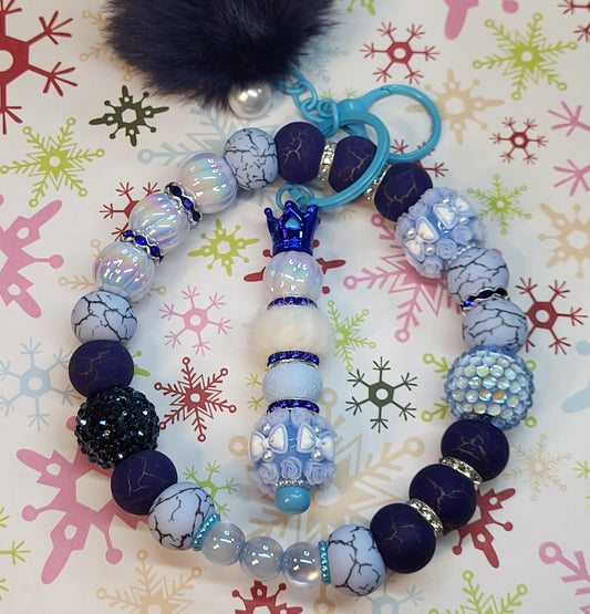 ❄️Winter Themed 304 Stainless Steel Beaded Wristlet Combo with Beaded Bar Keychain | Snowy Winter Wristlet Keychain Set | Handmade Durable Winter Accessory