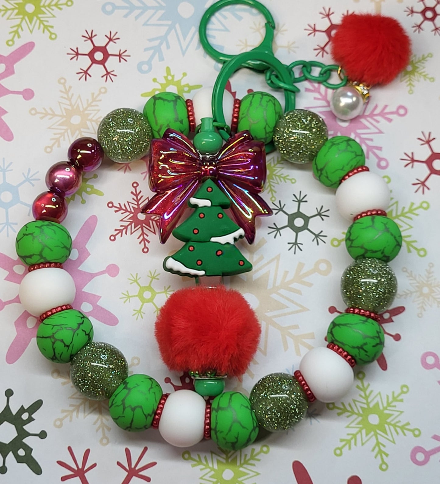 🎄Christmas Themed 304 Stainless Steel Beaded Wristlet Combo with Beaded Bar Keychain | Holiday Wristlet Keychain Set | Handmade Durable Christmas Accessory