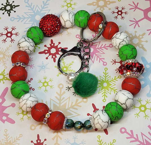 🎄Christmas Themed 304 Stainless Steel Beaded Wristlet Keychains | Holiday Wristlet Accessories | Durable Handmade Christmas Keychain