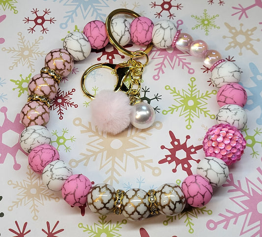 ❄️ Winter Themed 304 Stainless Steel Beaded Wristlet Keychains | Snowy Beaded Wristlet Accessories | Durable Handmade Winter Keychain