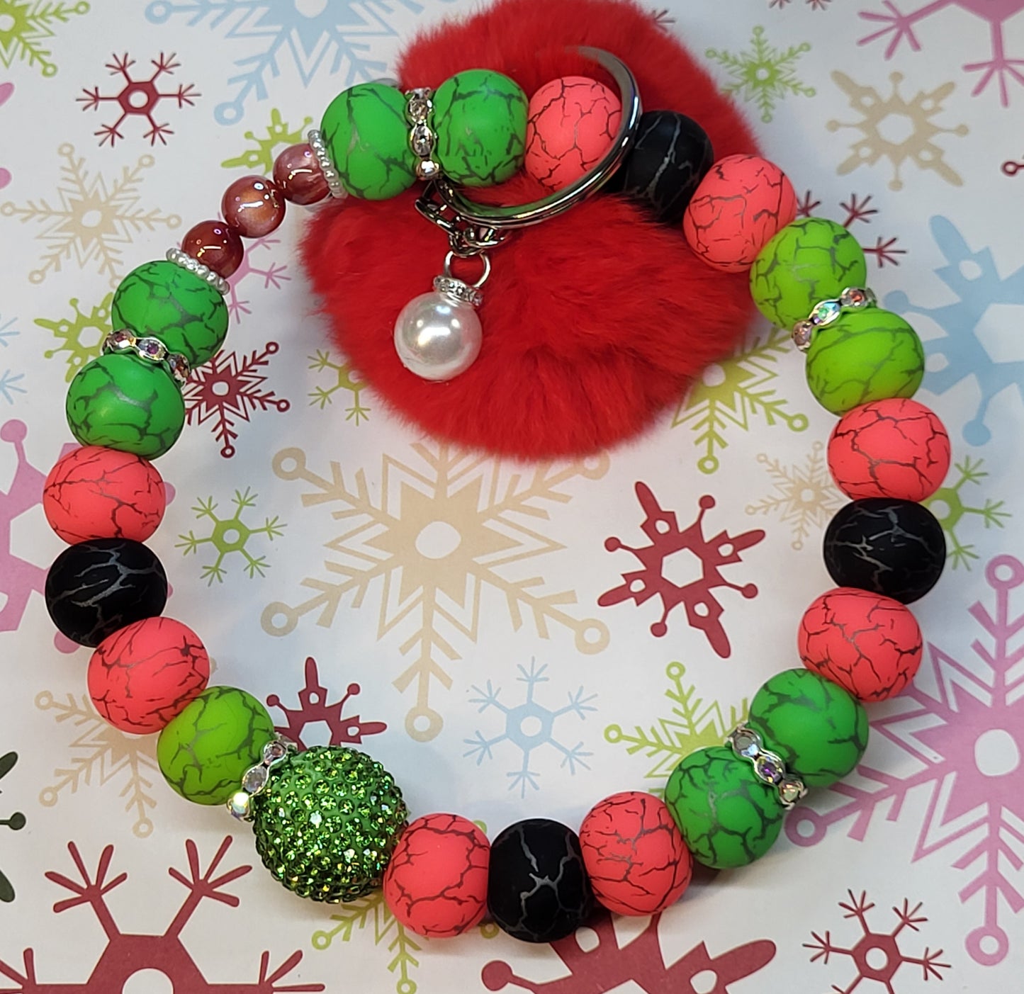 🎄Christmas Themed 304 Stainless Steel Beaded Wristlet Keychains | Holiday Wristlet Accessories | Durable Handmade Christmas Keychain