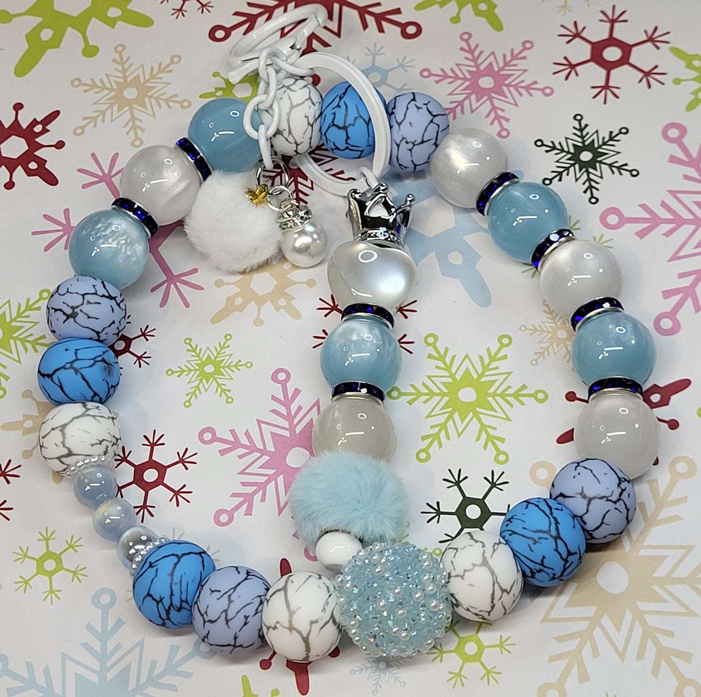 ❄️Winter Themed 304 Stainless Steel Beaded Wristlet Combo with Beaded Bar Keychain | Snowy Winter Wristlet Keychain Set | Handmade Durable Winter Accessory