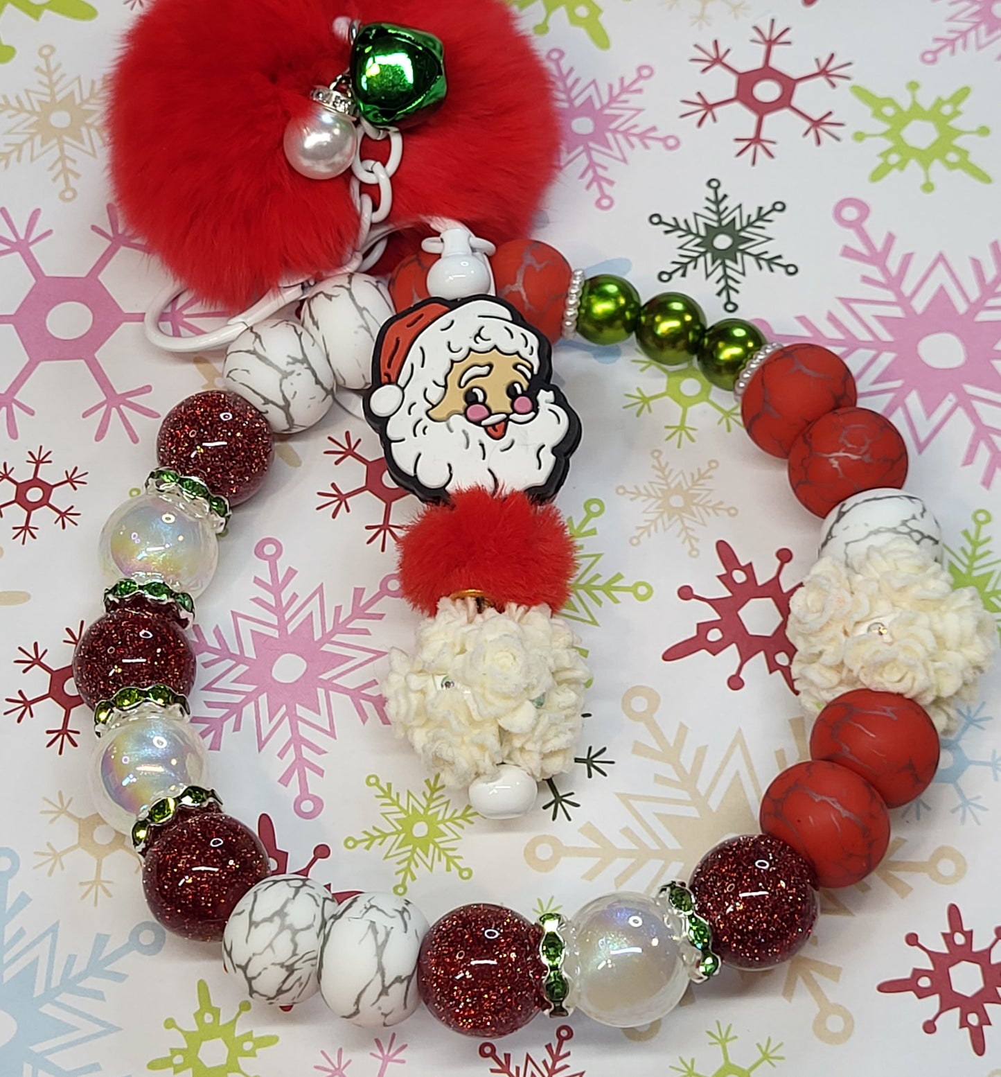 🎄Christmas Themed 304 Stainless Steel Beaded Wristlet Combo with Beaded Bar Keychain | Holiday Wristlet Keychain Set | Handmade Durable Christmas Accessory