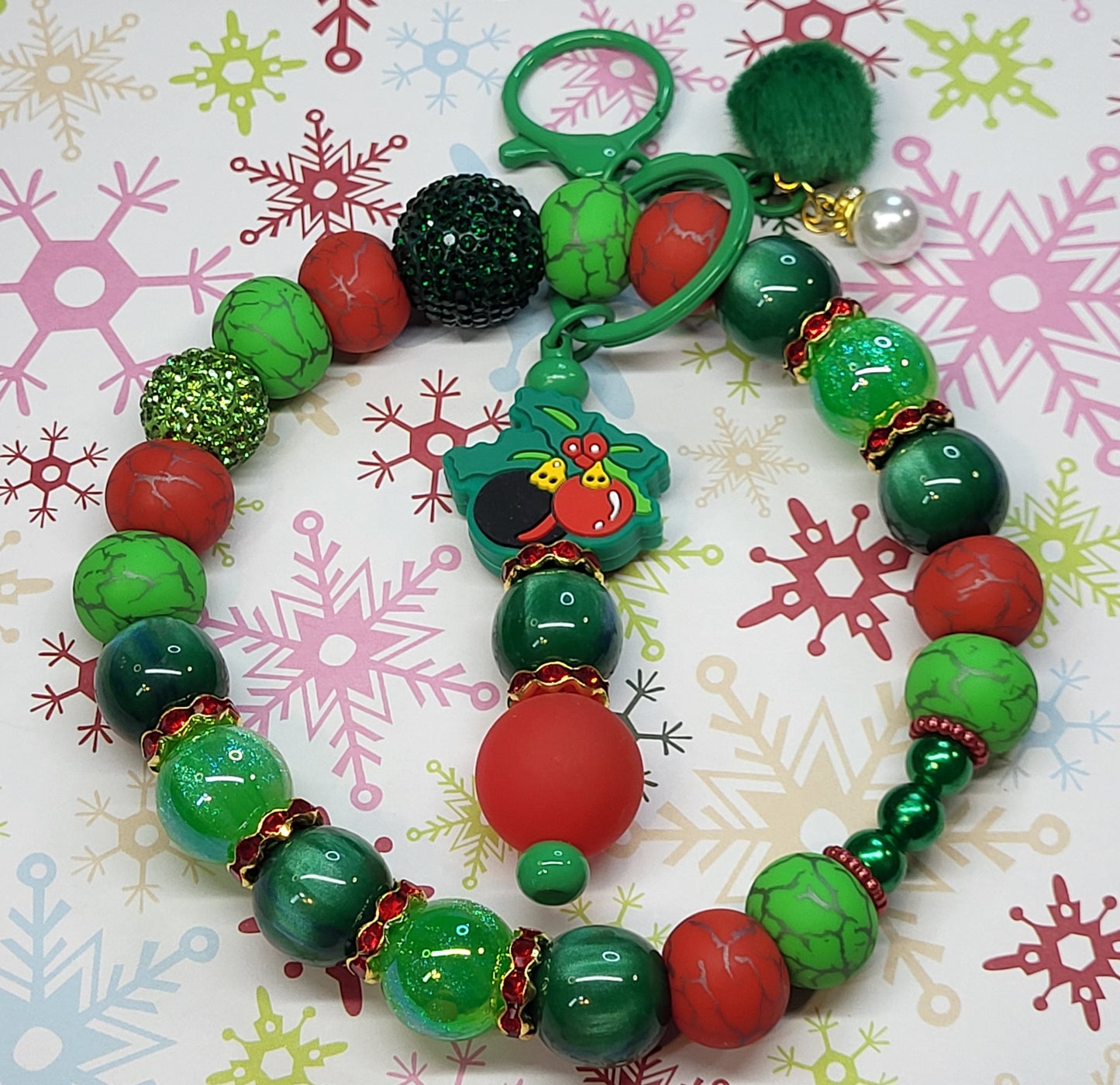 🎄Christmas Themed 304 Stainless Steel Beaded Wristlet Combo with Beaded Bar Keychain | Holiday Wristlet Keychain Set | Handmade Durable Christmas Accessory