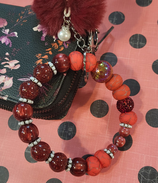 Beaded Wristlet Keychain | Stainless Steel Wire Wristlet | Pom Charm & Themed Keychain Set