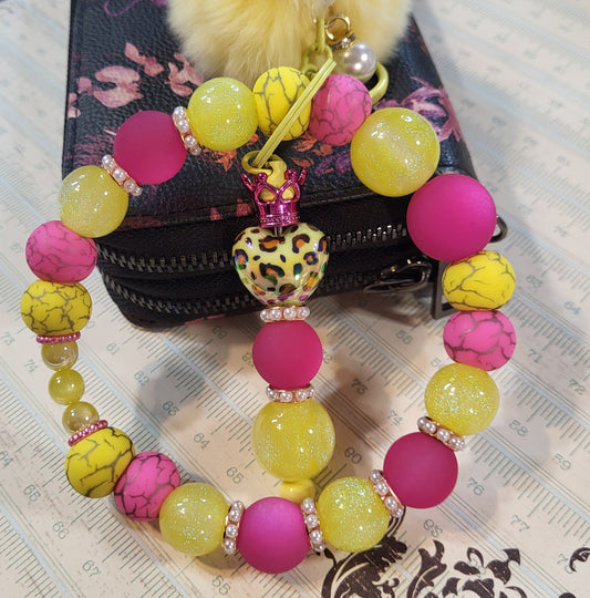 Beaded Wristlet Keychain Combos | Stainless Steel Wire Wristlet | Pom Charm & Themed Keychain Set