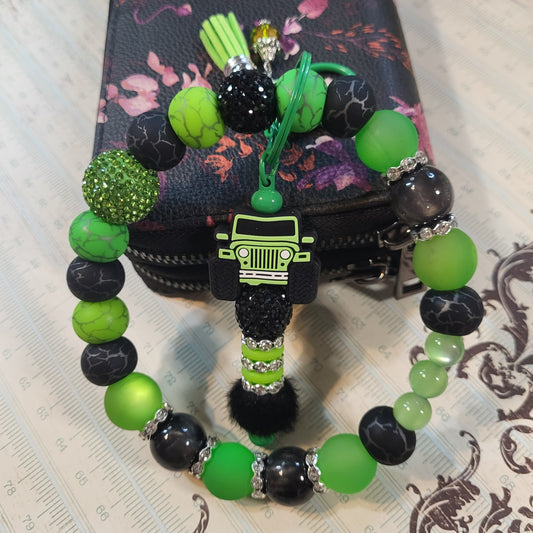 Beaded Wristlet Keychain Combos | Stainless Steel Wire Wristlet | Pom Charm & Themed Keychain Set