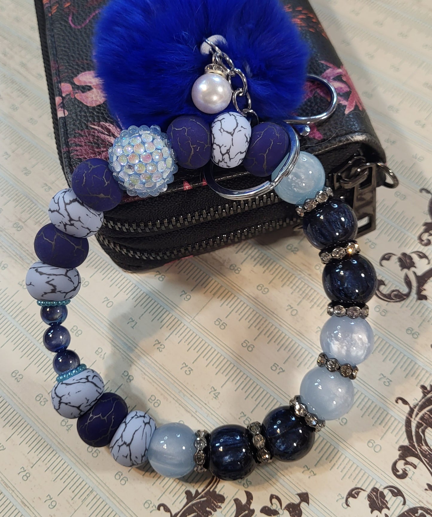 Blue Beaded Wristlet Keychain with Pom | 304 Stainless Steel Wire Loop | Handmade