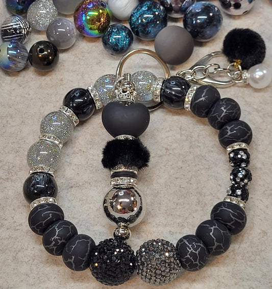 Beaded Wristlet Keychain Combos | Stainless Steel Wire Wristlet | Pom Charm & Themed Keychain Set