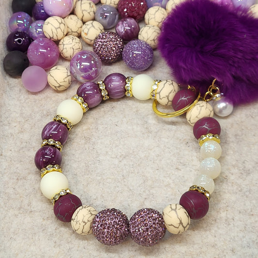 Beaded Wristlet Keychain | Stainless Steel Wire Wristlet | Pom Charm & Themed Keychain Set