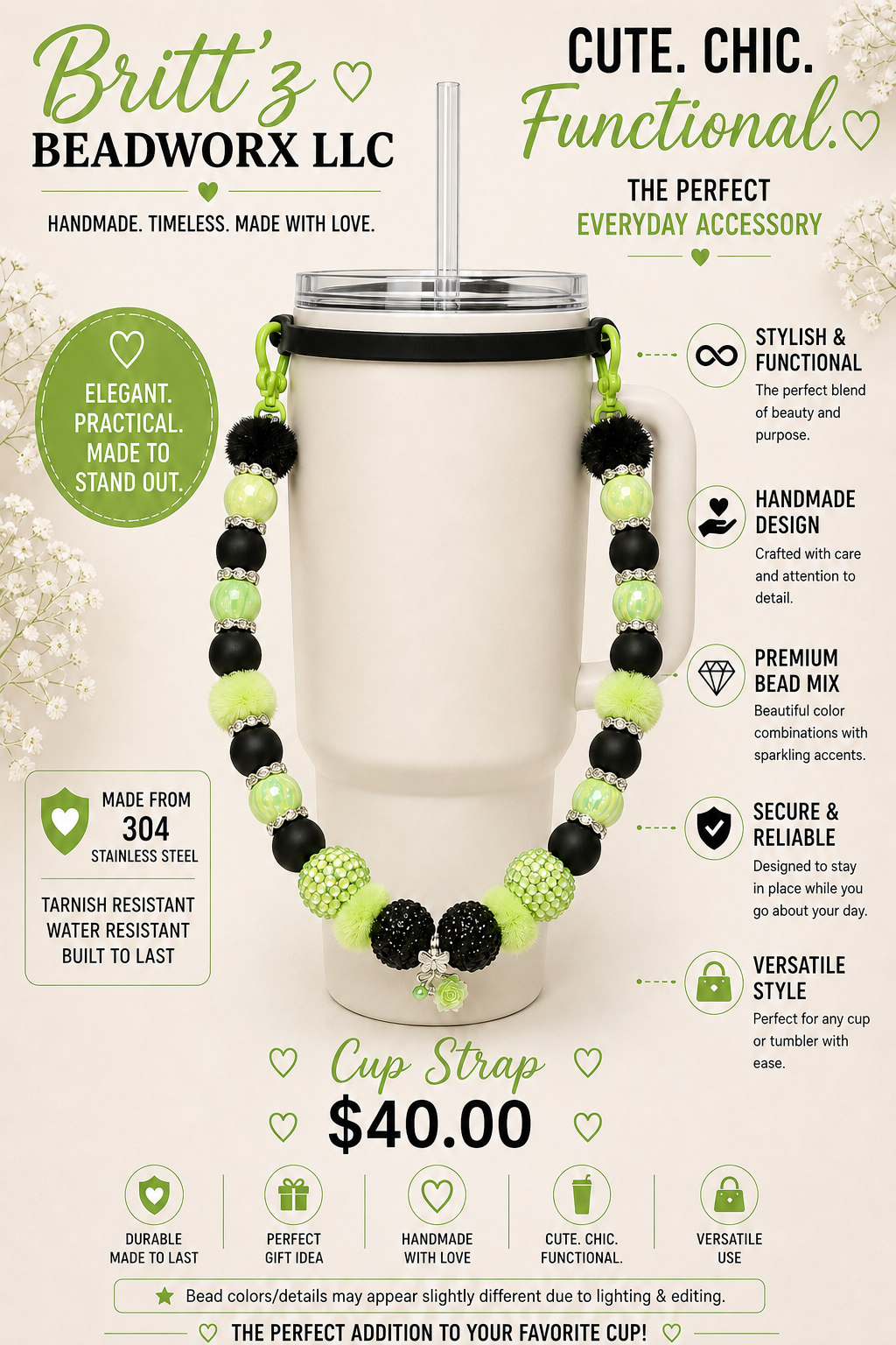 Beaded Cup Strap Holder – 304 Stainless Steel Wire | Tumbler Charm Strap | Reusable Cup Accessory