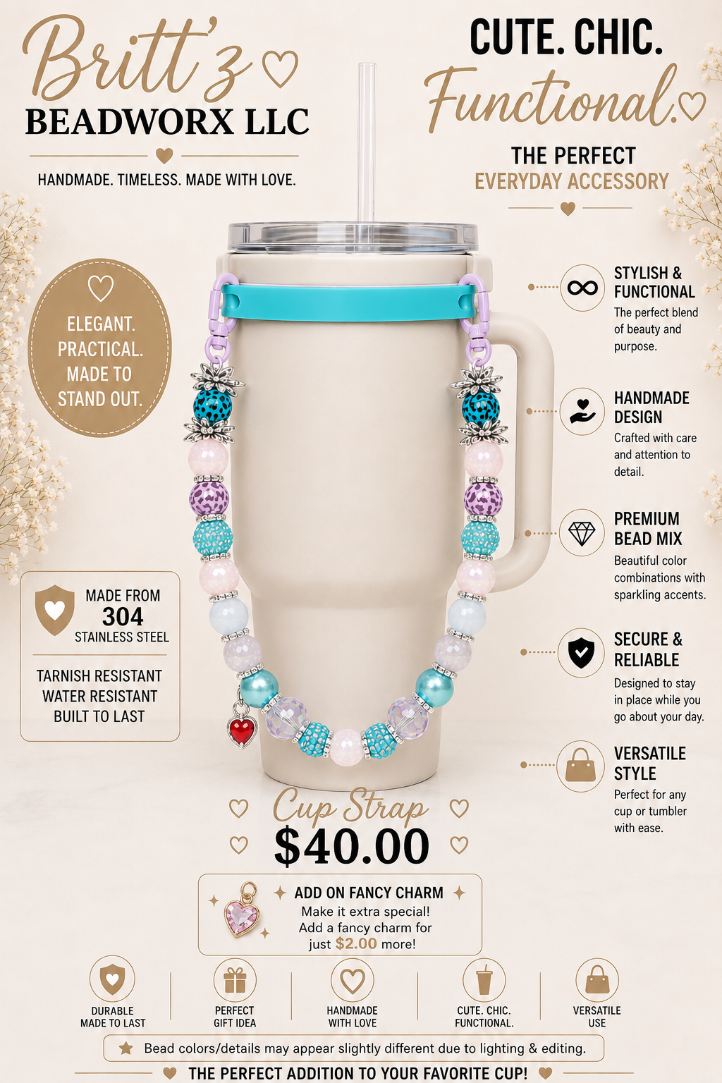 Beaded Cup Strap Holder – 304 Stainless Steel Wire | Tumbler Charm Strap | Reusable Cup Accessory